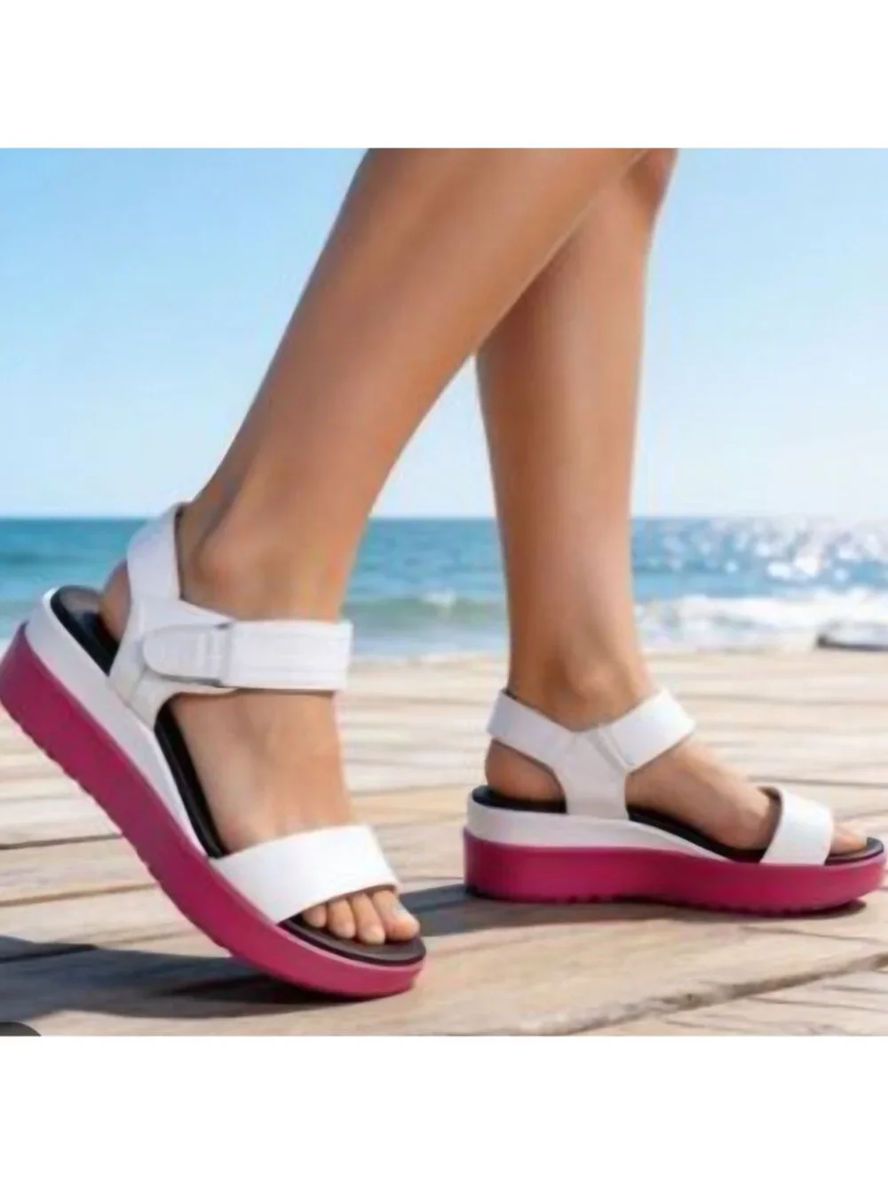 Sorel Cameron Flatform Sandal White/ Punch Pink Leather Size 8.5
